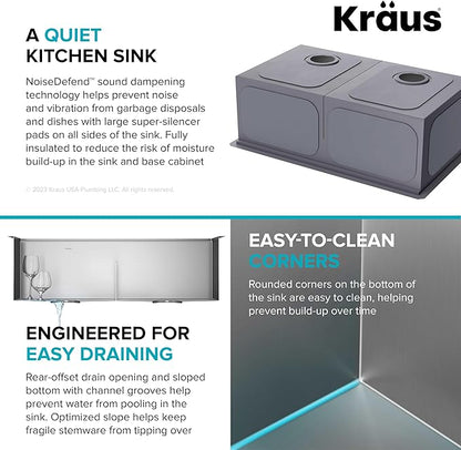 KRAUS KWU112-33 Kore Workstation 33-inch Undermount 16 Gauge Double Bowl Stainless Steel Kitchen Sink with Integrated Ledge and Accessories (Pack of 8)