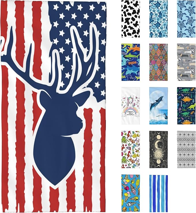Beach Towel, Hunting Deer USA Flag Beach Towel Oversized Sand Proof Absorbent, Quick-Dry Bath Pool Swim Towel for Shower Spa Vacation, 29.5” X 59”