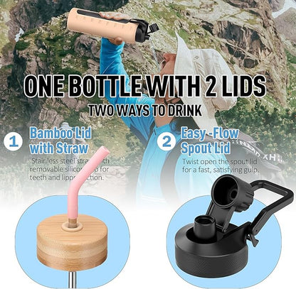 Glass Water Bottles with Straw -24oz- Water Bottle Phone Holder for Gym Sports Water Bottles with Silicone Sleeve Glass Drinking Bottles 2 Lids - Spout & Bamboo Straw Lid(Pink)