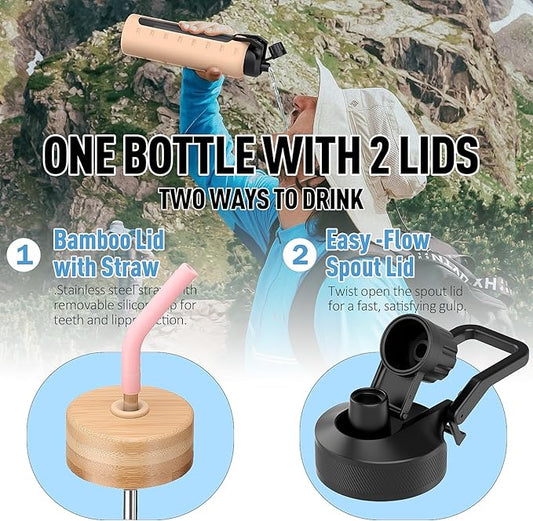 Glass Water Bottles with Straw -24oz- Water Bottle Phone Holder for Gym Sports Water Bottles with Silicone Sleeve Glass Drinking Bottles 2 Lids - Spout & Bamboo Straw Lid(Pink)