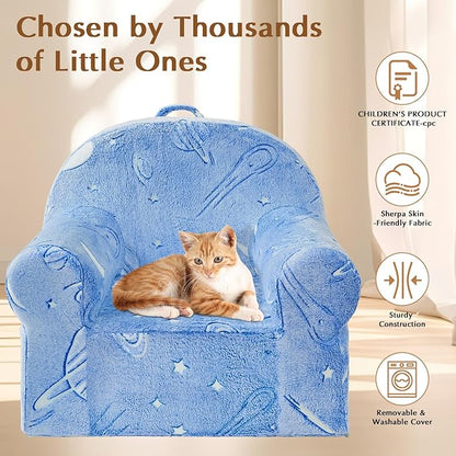 Toddler Chair Sherpa Couch Sherpa Kids Chair, Cuddly Comfy Toddler Plush Chair Toddler Couch Reading Chair for Kids Glow in The Dark Starry Sky Blue