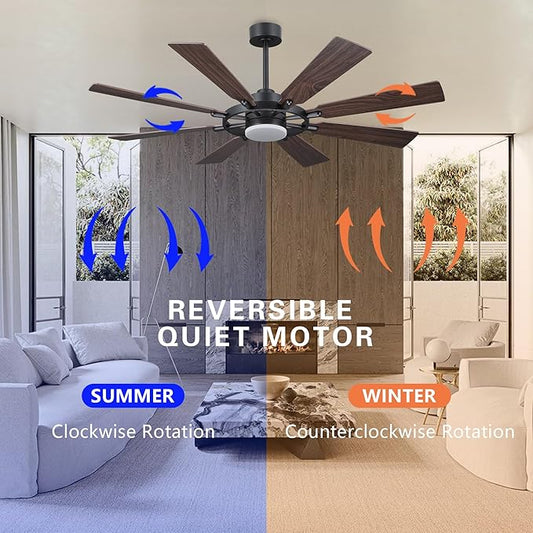 60/80 inch Ceiling Fan (Black-Walnut, 72" (LED Light / 3 Downrods))