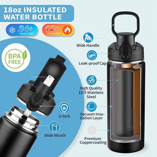 Insulated water bottle with Straw,18oz Stainless Steel Water Bottle for Adult Kids,Double Wall Vacuum Wide Mouth Insulated Water Bottle for School,BPA-free and Leak-proof（18oz,Black）