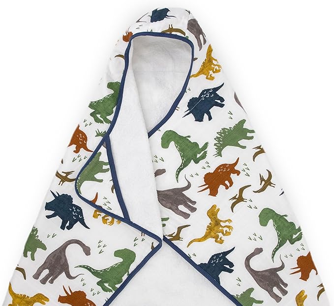 Little Unicorn Cotton Muslin & Terry Hooded Towel, Larger Size 1-6 Years (Dino Friends)
