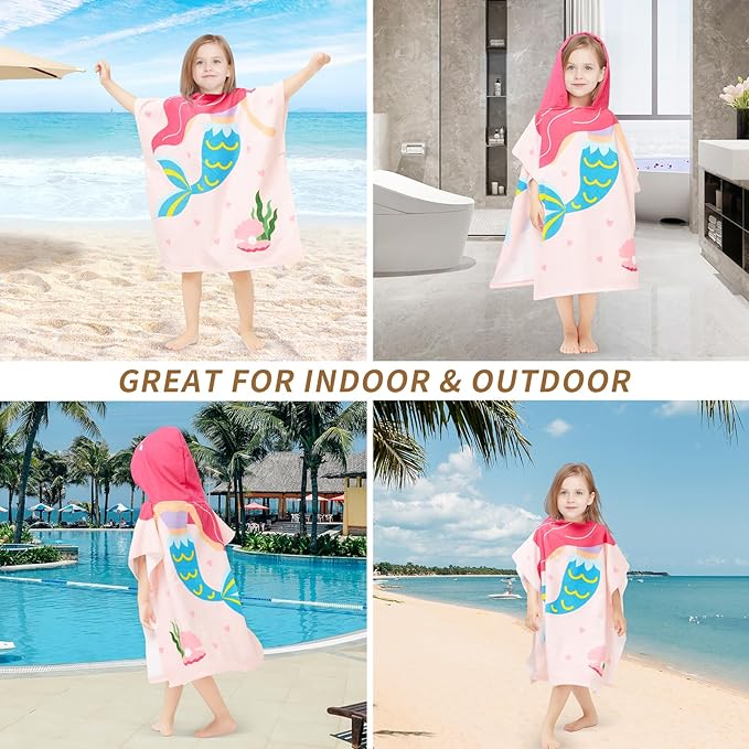 Hooded Towel for Toddlers 0-4 Years Boys Girls Kids Bath Pool Beach Towel Soft Absorbent Beach Poncho(Mermaid)