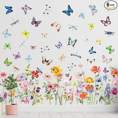 Zonon Flowers Wall Decals Vinyl Dragonflies Flowers Wall Stickers Removable Floral Wall Murals Peel and Stick Colorful Flower Wall Decor for Bedroom Living Room Nursery(Modern)