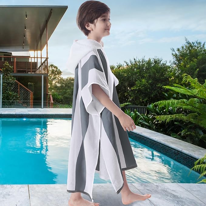VOOVA & MOVAS Teens Hooded Towel - Teens Hooded Pool Towel Robe (8-16Years), Large Absorbent Cotton - Versatile for Beach, Pool, Swim, and Bath,Dark Gray Stripe