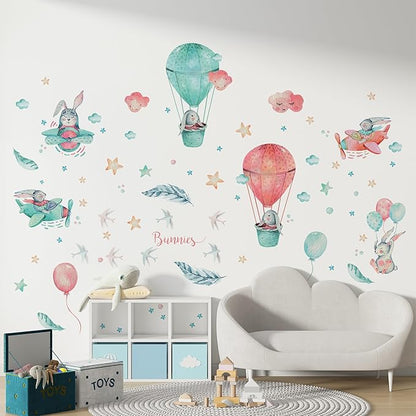 Bunny Wall Decals for Kids by Lipastick - Rabbits Wall Stickers Peel and Stick - Hot Air Balloon Wall Decals for Girls Boys Kids Baby Nursery Room Bedroom - Bunies Wall Decor Aircraft S Size