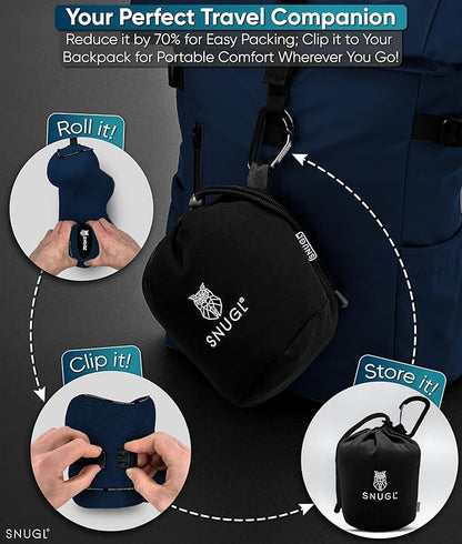 SNUGL Neck Travel Pillow - Memory Foam Airplane Pillow - Flight Pillow | Neck Support Travel Pillow with Carry Bag & Clip | Neck Pillows for Sleeping Travel Plane | Flying Travel Essentials - Navy