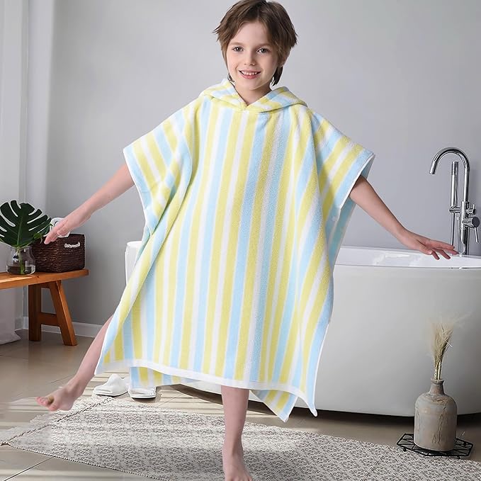 VOOVA & MOVAS Poncho Towels for Kids - 100% Cotton (4-8Years) - Absorbent Quick Dry Lightweight Hooded Towel Robe for Pool | Swim | Beach | Bath | Bathroom, Yellow Blue Stripe