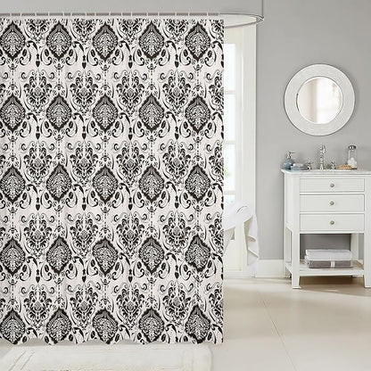 Feelyou Damask Pattern Shower Curtain 72"x78" Kids Vintage Floral Bathroom Shower Curtain Set for Boys Girls Teens Black White Luxury Bath Curtain Baroque Style Bathroom Accessories