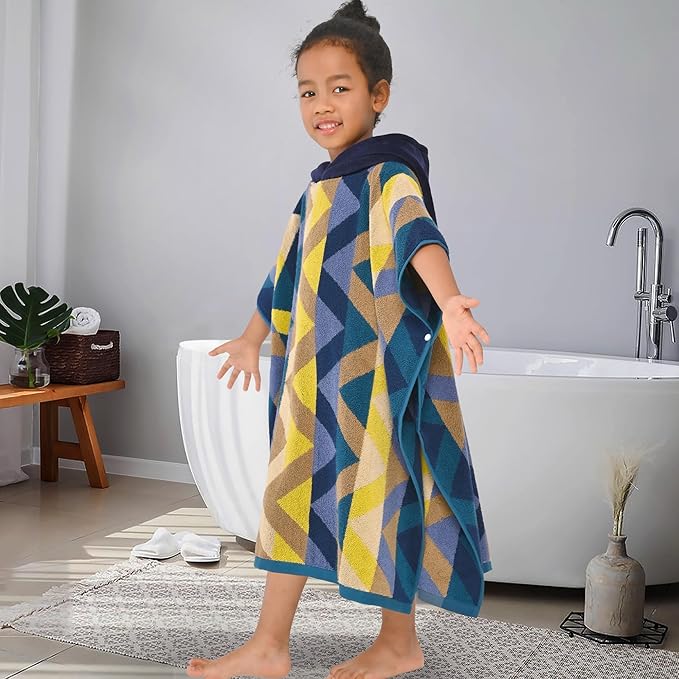 VOOVA & MOVAS Hooded Bath Towel for Kids (4-8Years) - Thick 500GSM,Soft, Absorbent, 100% Cotton Swim Towel, Perfect for Bathroom | Pool | Swim, Jacquard,Blue