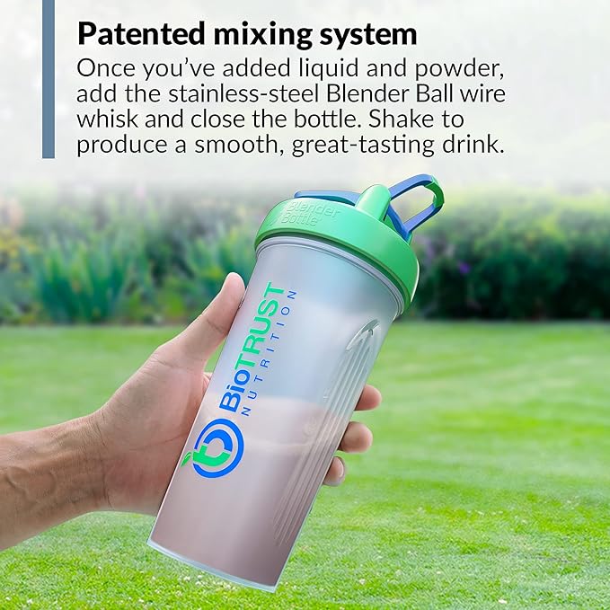 BioTRUST BlenderBottle Classic Shaker Bottle, 28-Ounce with loop, Clear/Green