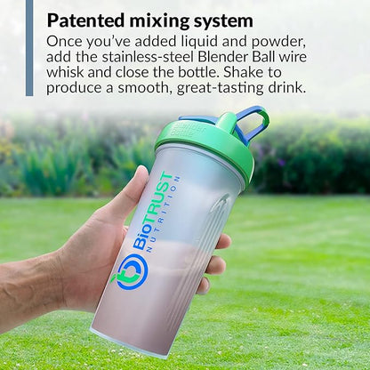 BioTRUST BlenderBottle Classic Shaker Bottle, 28-Ounce with loop, Clear/Green