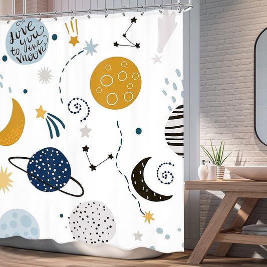 Kids Cartoon Planet Shower Curtain 72Wx72L Inch Boys Kid Shower Curtain Bathroom Set Universe Galaxy Space Cute Baby Print Cosmos for Girls Child Bath Curtain Bathtub Accessories Home Decor