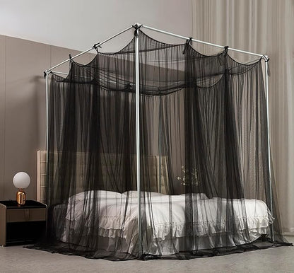 Mengersi Canopy Bed Curtains Bed Canopy with Lights for Girls, Bed Netting Unique Style 4 Door Mosquito Net for Adults Women Bedroom Decor (Black+Lights, Full/Queen)