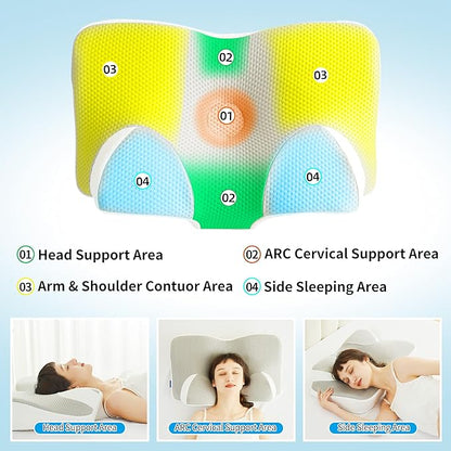 Cervical Neck Pillow for Pain Relief, Contour Memory Foam Pillows for Sleeping, Ergonomic Neck Support Pillow, Suitable for Side Back Stomach Sleepers with Cooling Pillowcase, Grey