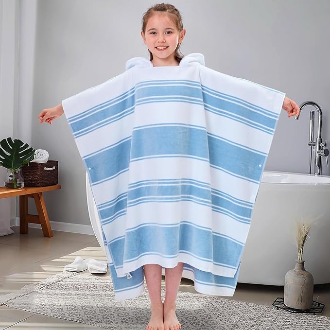 VOOVA & MOVAS Hooded Poncho Towels for Big Kids Boys (8-16Years), 100% Cotton Thick Poncho Towel Robe for Kids, Perfect for Pool, Beach, Bath and Gifts, Blue White Stripe
