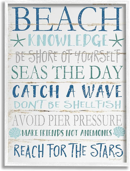 Stupell Industries cwp-367 Beach Knowledge Blue Aqua Planked Look Sign Wall Art, 16 x 20, White Framed