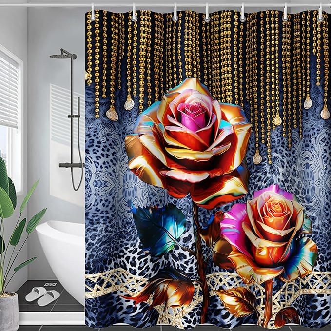 AILONEN Gold Rose Shower Curtain for Bathroom- Romantic Floral Shower Curtain -Polyester Fabric Waterproof Decoration- Plants Blue Black Leopard Flowers Bath Shower Curtains Washable, 48" W x 72" H