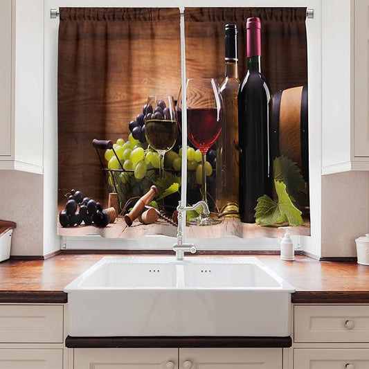 Ambesonne Wine Kitchen Curtains, Glasses of Red and White Wine Served with Grapes French Gourmet Tasting, Window Drapes 2 Panel Set for Kitchen Cafe Decor, 55" x 39", Brown Ruby