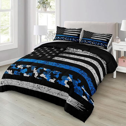 Bedbay American Flag Comforter Set Queen Teen Boys Military Bedding 4Pcs Camouflage Bedding Full Size Flag Camo Comforter Set Soft Lightweight Army Comforter Duvet Insert for All Season(Blue,Queen)