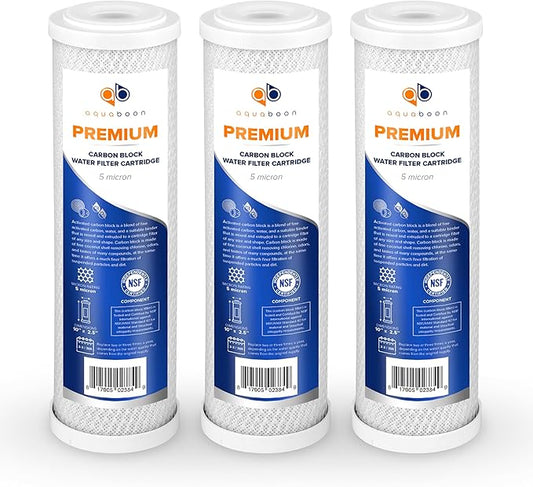 Aquaboon 5 Micron Water Filter 10 x 2.5 - Premium Carbon Block Water Filter - Carbon Water Filter Cartridges - Whole House Water Filter Cartridge Replacement Compatible with FXWTC, WFPFC8002, 3 Pack