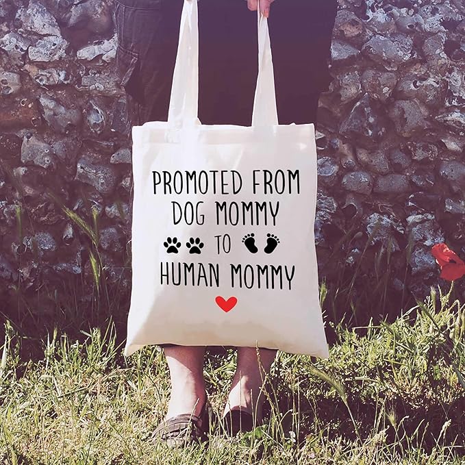 LIBIHUA Promoted From Dog Mommy to Human Mommy - Mom to Be Gift -Have a Baby Gift - Pregnancy Announcement Gift - Baby Reveal Gift for New Mom Mother - Shoulder Bag Shopping Bag Tote Bag