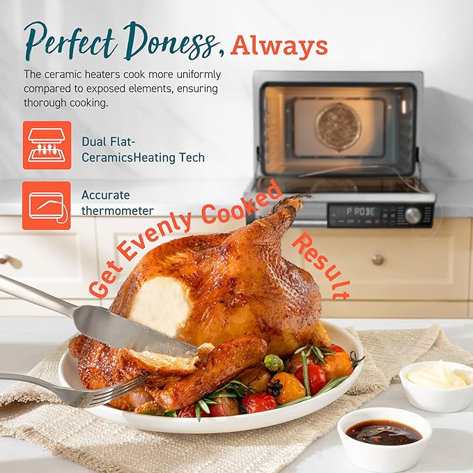 COSORI Ceramic Air Fryer Toaster Oven Combo, 13-in-1 Flat-Sealed Heating Elements for Easy Cleanup, Innovative Burner Function, 8 Accessories & Recipes, 26QT, Silver, Stainless Steel