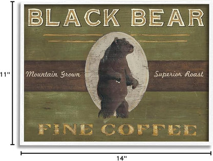 Stupell Industries Black Bear Fine Coffee Rustic Kitchen Mountain Animal, Designed by June Erica Vess White Framed Wall Art, 11 x 14, Green