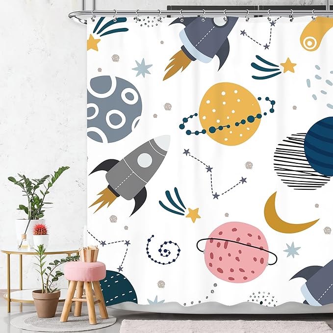 Kids Boys Space Shower Curtain 60Wx72L Inch Cute Cartoon Pink Planet Universe Funny Galaxy Rocket Star Moon Girl Cosmos Lovely Nursery Bathroom Set Bath Curtain Bathtub Accessories Home Decor