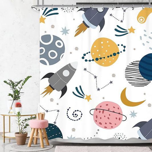 Kids Boys Space Shower Curtain 60Wx72L Inch Cute Cartoon Pink Planet Universe Funny Galaxy Rocket Star Moon Girl Cosmos Lovely Nursery Bathroom Set Bath Curtain Bathtub Accessories Home Decor