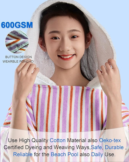 VOOVA & MOVAS Big Kids Poncho Towels with Hood - Girl | Teens (8-16Years) Hooded Pool Towel, Large and Absorbent Cotton Towel Robe - Versatile for Pool, Beach,Swim, and Bath, Orange&Purple