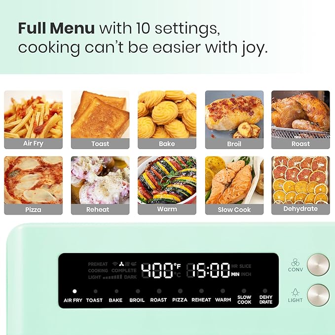 Retro Style Infrared Heating Air Fryer Toaster Oven, Extra Large Countertop Convection Oven 10-in-1 Combo, 6-Slice Toast, Enamel Baking Pan Easy Clean with Recipe Book, Green Color