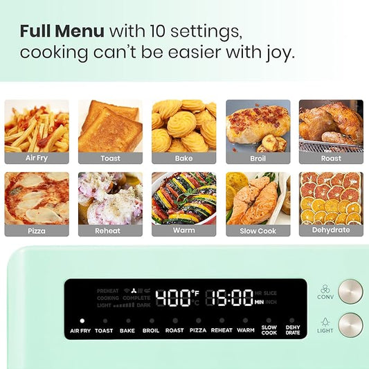 Retro Style Infrared Heating Air Fryer Toaster Oven, Extra Large Countertop Convection Oven 10-in-1 Combo, 6-Slice Toast, Enamel Baking Pan Easy Clean with Recipe Book, Green Color
