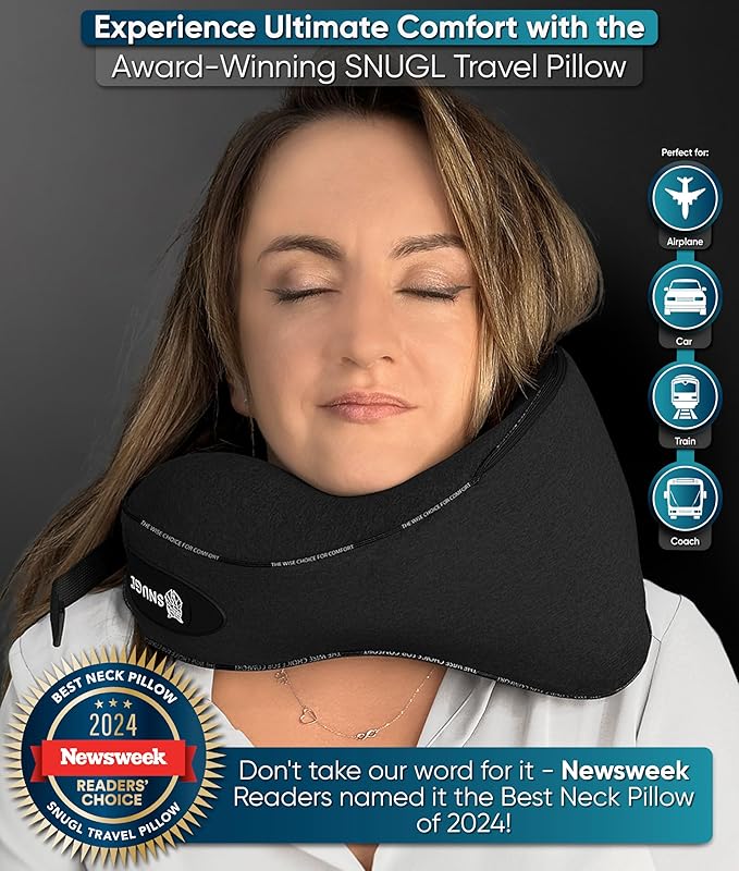SNUGL Neck Travel Pillow - Memory Foam Airplane Pillow - Flight Pillow | Neck Support Travel Pillow with Carry Bag & Clip | Neck Pillows for Sleeping Travel Plane | Flying Travel Essentials - Black