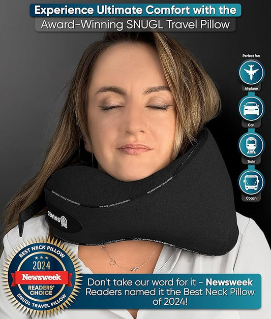 SNUGL Neck Travel Pillow - Memory Foam Airplane Pillow - Flight Pillow | Neck Support Travel Pillow with Carry Bag & Clip | Neck Pillows for Sleeping Travel Plane | Flying Travel Essentials - Black