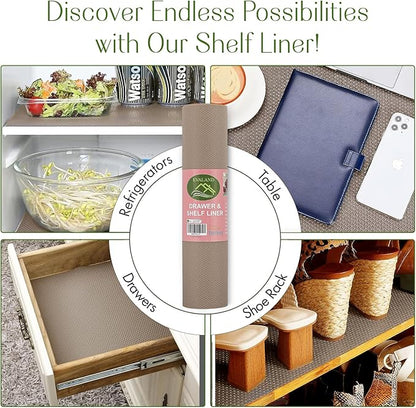 EVALAND 17.7 INCHES x 33 FEET (394 Inches) Non-Slip Shelf Liner, EVA Kitchen Liner, Non-Adhesive Liner, Smooth Drawer Liner, Durable Strong Grip Liner, Stain-Proof Shelf, Cabinet Liner, Beige