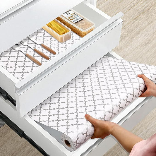 Drawer and Shelf Liner Non Adhesive, Non Slip Kitchen Cabinet Liner, 15 in X 15 FT Waterproof Strong Grip Thick Washable Mat for Cupboard Bathroom Cabinets Shelves Dresser Pantry, White/Elegant Gray