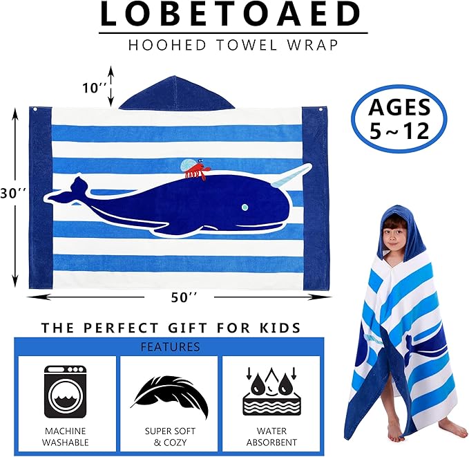 Kids Hooded Beach Bath Towel, Baby Surf Poncho Toddlers Soft Real Cotton Wrap Hooded Towels for Kids Boy Girl