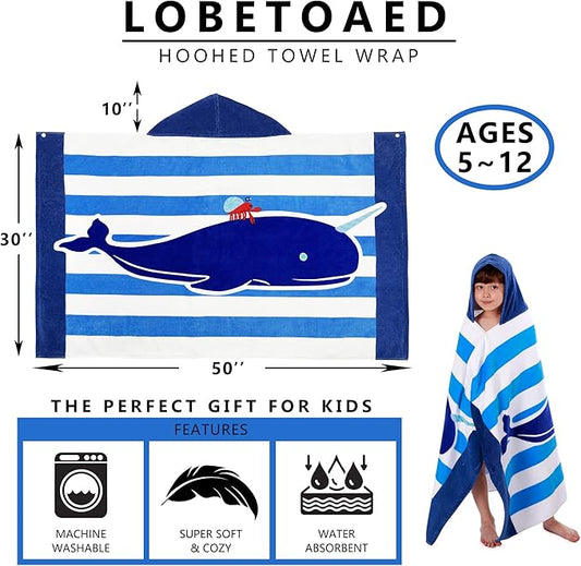 Kids Hooded Beach Bath Towel, Baby Surf Poncho Toddlers Soft Real Cotton Wrap Hooded Towels for Kids Boy Girl
