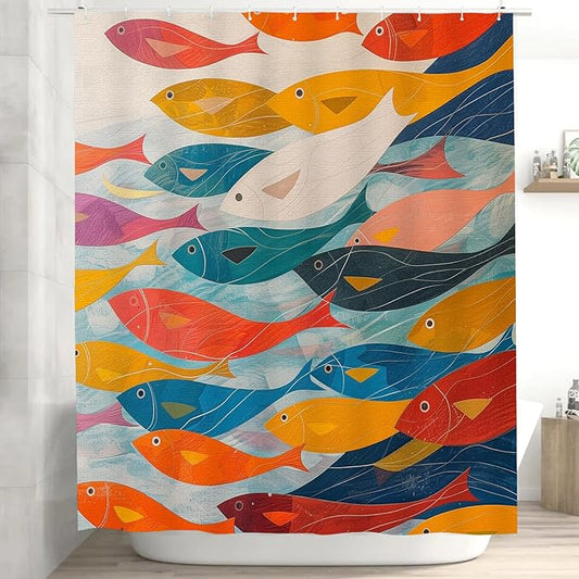 Fish Shower Curtain for Bathroom Abstract Swiming Fishes Shower Curtains Home Bathroom Bathtubs Fish Decor Polyester Shower Curtain Waterproof Washable Durable 12 Hooks 72"x72"