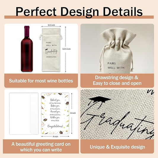 Graduation Wine Gift Bags & Card, Graduation Gifts for Him Her Son Daughter College, Pairs Well With Graduating, 1 pcs Reusable Burlap Wine Gift Bags for Wine Bottles, Graduation Party Decor Favor -25