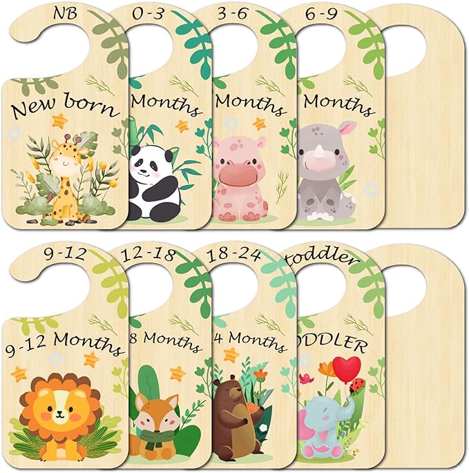 CRASPIRE 10Pcs Animals Wood Baby Wardrobe Dividers Leaf from Newborn to 36 Month Hanger Seperaters Woodland Baby Closet Organizers Nursery Infant Wardrobe Hangers Divider for Newborn Shower Nursery