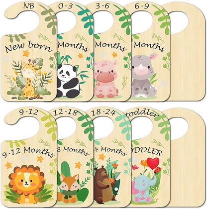 CRASPIRE 10Pcs Animals Wood Baby Wardrobe Dividers Leaf from Newborn to 36 Month Hanger Seperaters Woodland Baby Closet Organizers Nursery Infant Wardrobe Hangers Divider for Newborn Shower Nursery