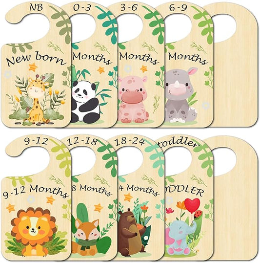 CRASPIRE 10Pcs Animals Wood Baby Wardrobe Dividers Leaf from Newborn to 36 Month Hanger Seperaters Woodland Baby Closet Organizers Nursery Infant Wardrobe Hangers Divider for Newborn Shower Nursery
