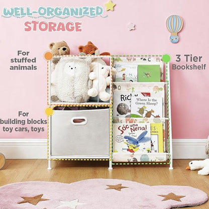 Kids Bookshelf and Toy Storage Organizer, 3 Tier Bookcase Book Shelf Stuffed Animal Storage with Toy Bins for Toddler Kids Rooms, Bedroom, Playroom, Nursery, Montessori Baby Toddler