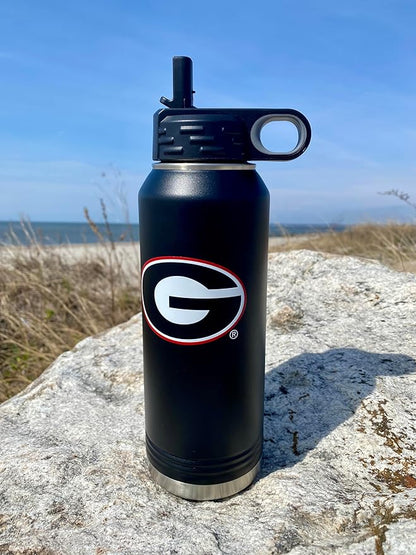 University of Georgia Bulldogs 32oz Stainless Steel Double Walled Black Beverage Bottle with Flip Straw Spout - College Gear for Playoff Season – For Office, Home or Auto – Show your Bulldog Pride