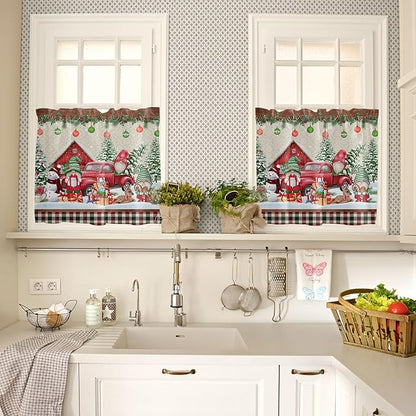 Christmas Farmhouse Kitchen Curtains and Valances Set, Red Truck Gnomes Window Treatments Tiers Winter Holiday Snowman Half/Short Curtains for Small Windows Cafe /Living Room/ Bedroom 54x24 in