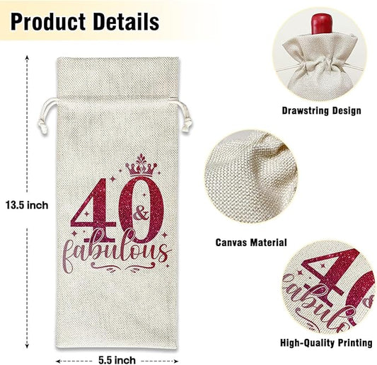 Wine Canvas Bag, 40 Year Old Birthday Wine Gift Bag, 40th Birthday Gift for Women Wife, Wine Bags for Wine Bottles, 40 & Fabulous Wine Champagne Gifts With Drawstring Birthday Party Decoration -WB02